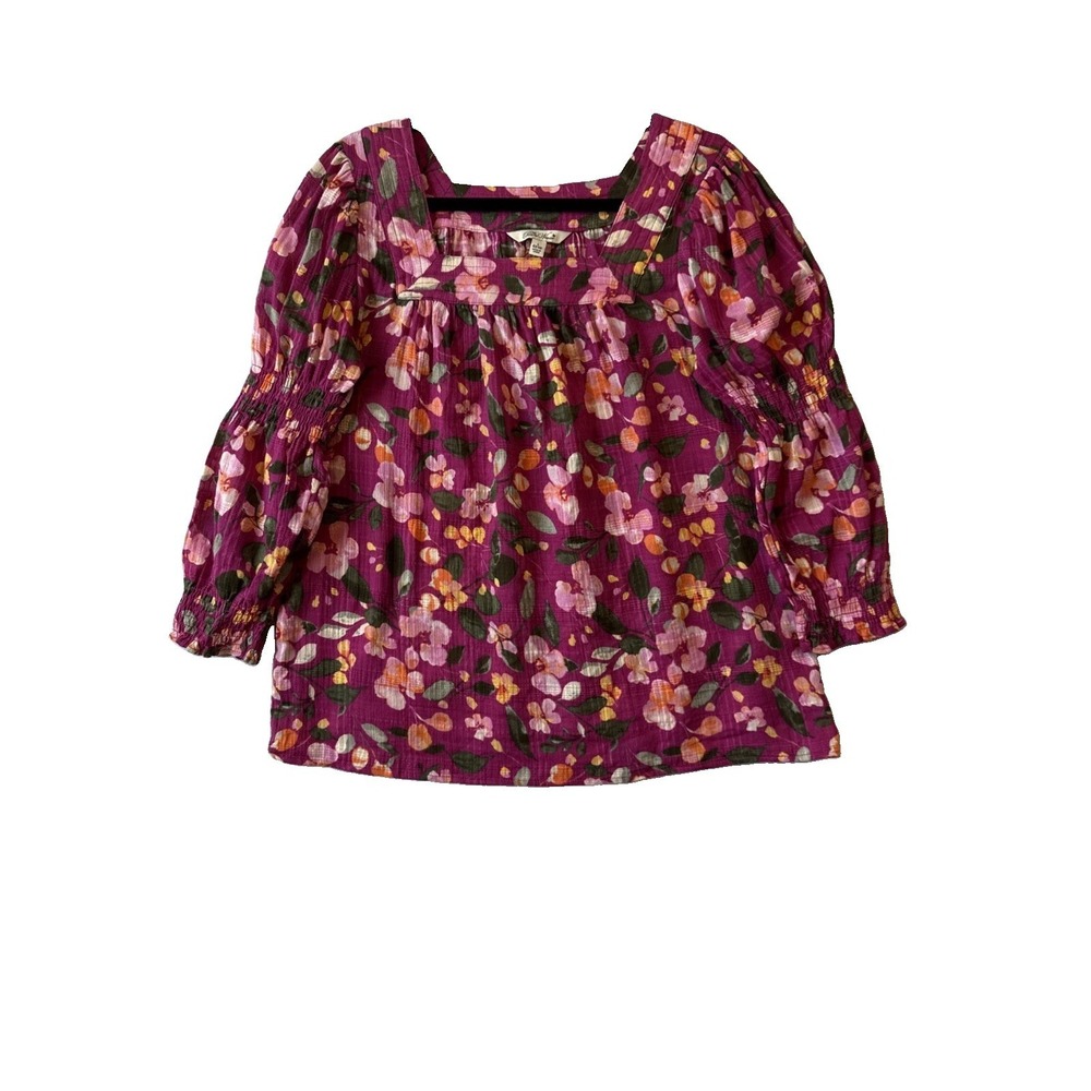 Pioneer Woman Pink Floral Square Neck Peasant Gauze Smocked Top L Cottage Boho